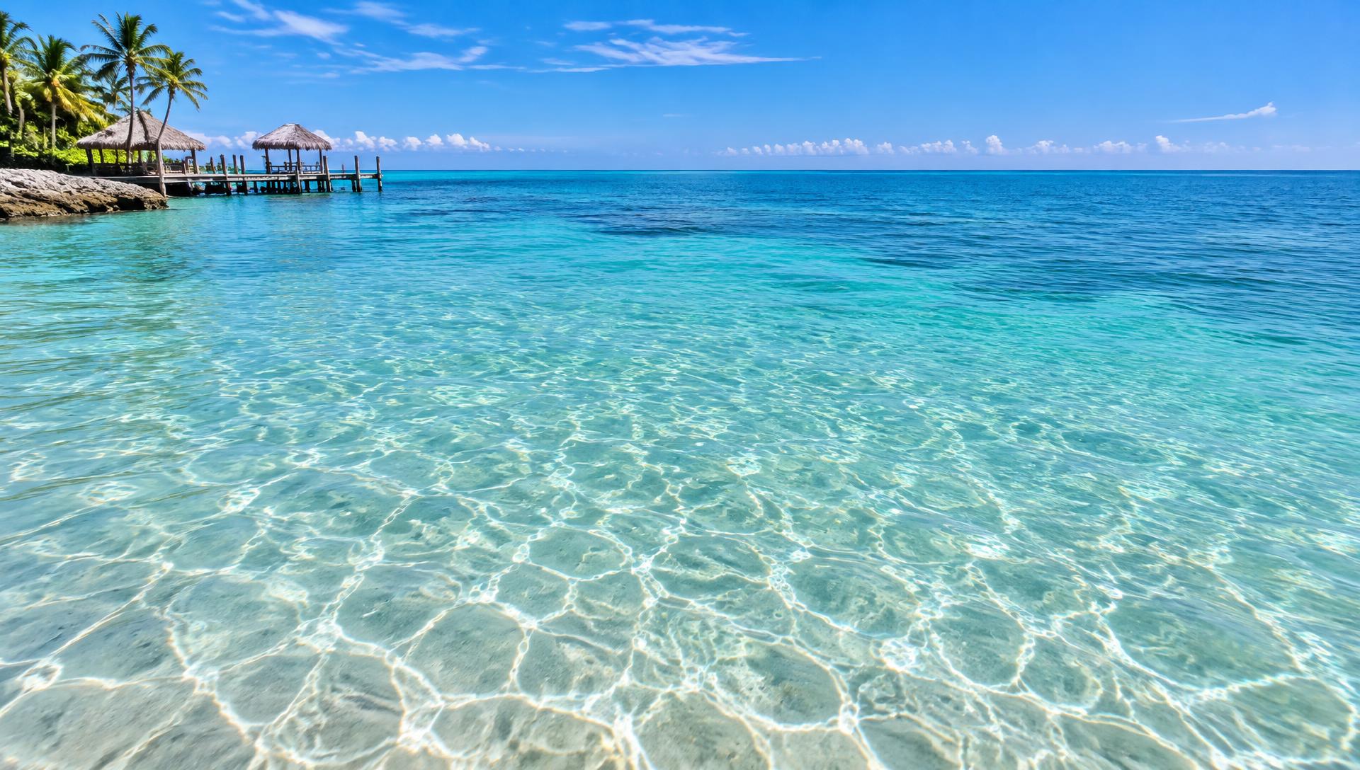 Crystal-clear turquoise Florida Keys water with sunlit ripples, a distant dock and palms